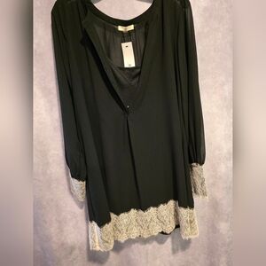 Love Stitch Dress Midi Black  Lace Womens Size Large  Lined Sheer Overlay NWT